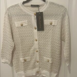 Butella White Textured Cardigan with Gold Buttons